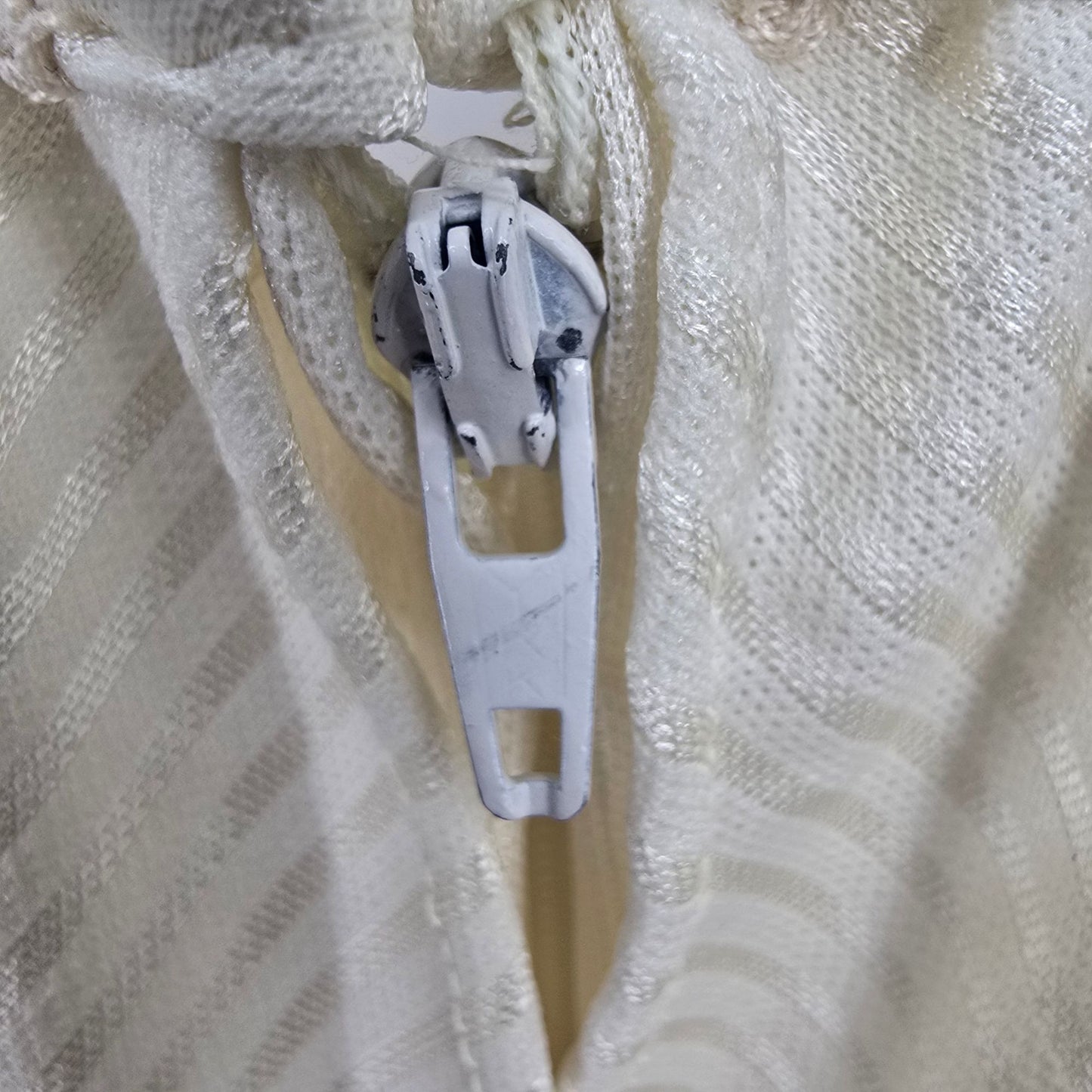 Vintage 1970s Cream Tonal Satin Stripe Flutter Cape Sleeve Grecian Dress (S)