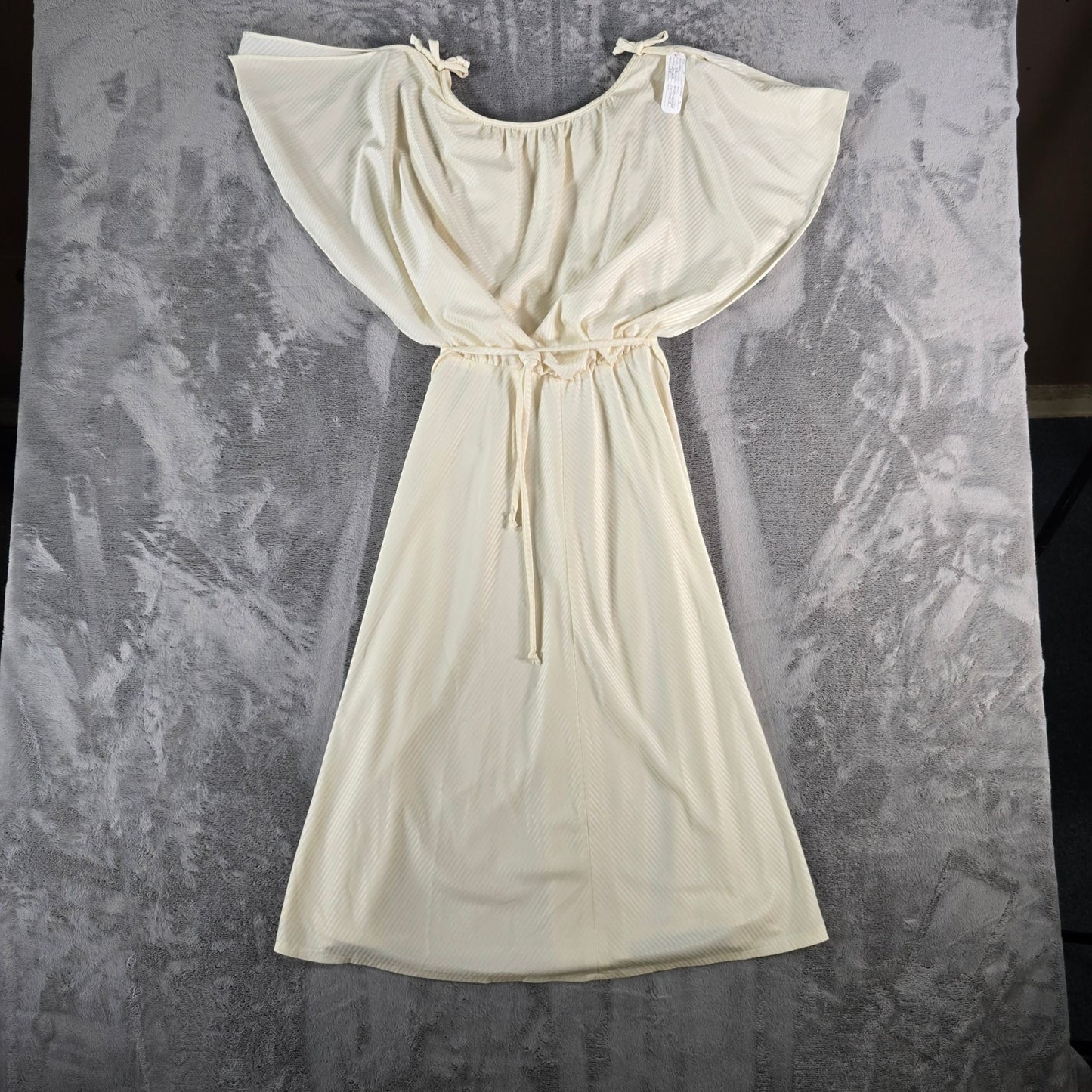 Vintage 1970s Cream Tonal Satin Stripe Flutter Cape Sleeve Grecian Dress (S)