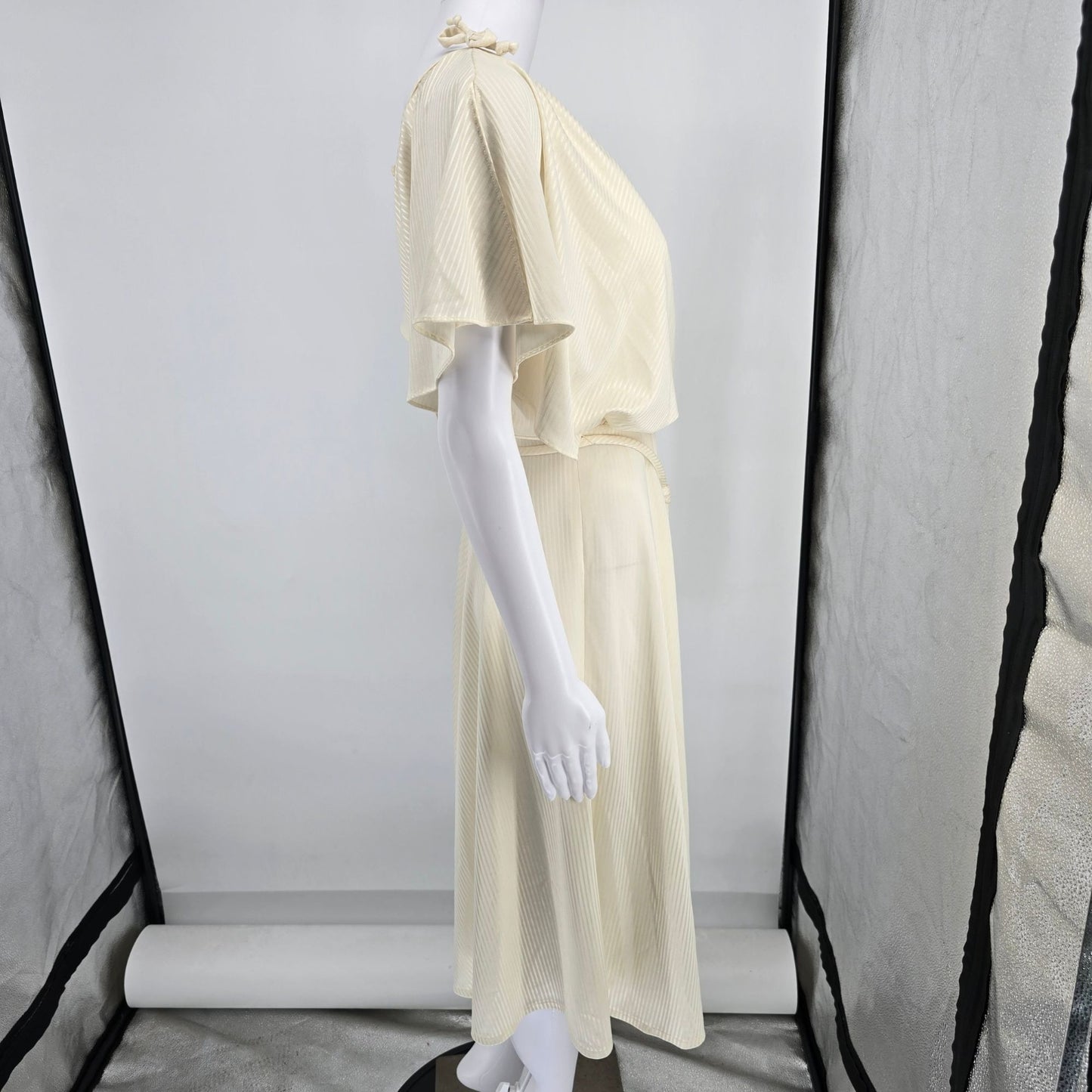 Vintage 1970s Cream Tonal Satin Stripe Flutter Cape Sleeve Grecian Dress (S)