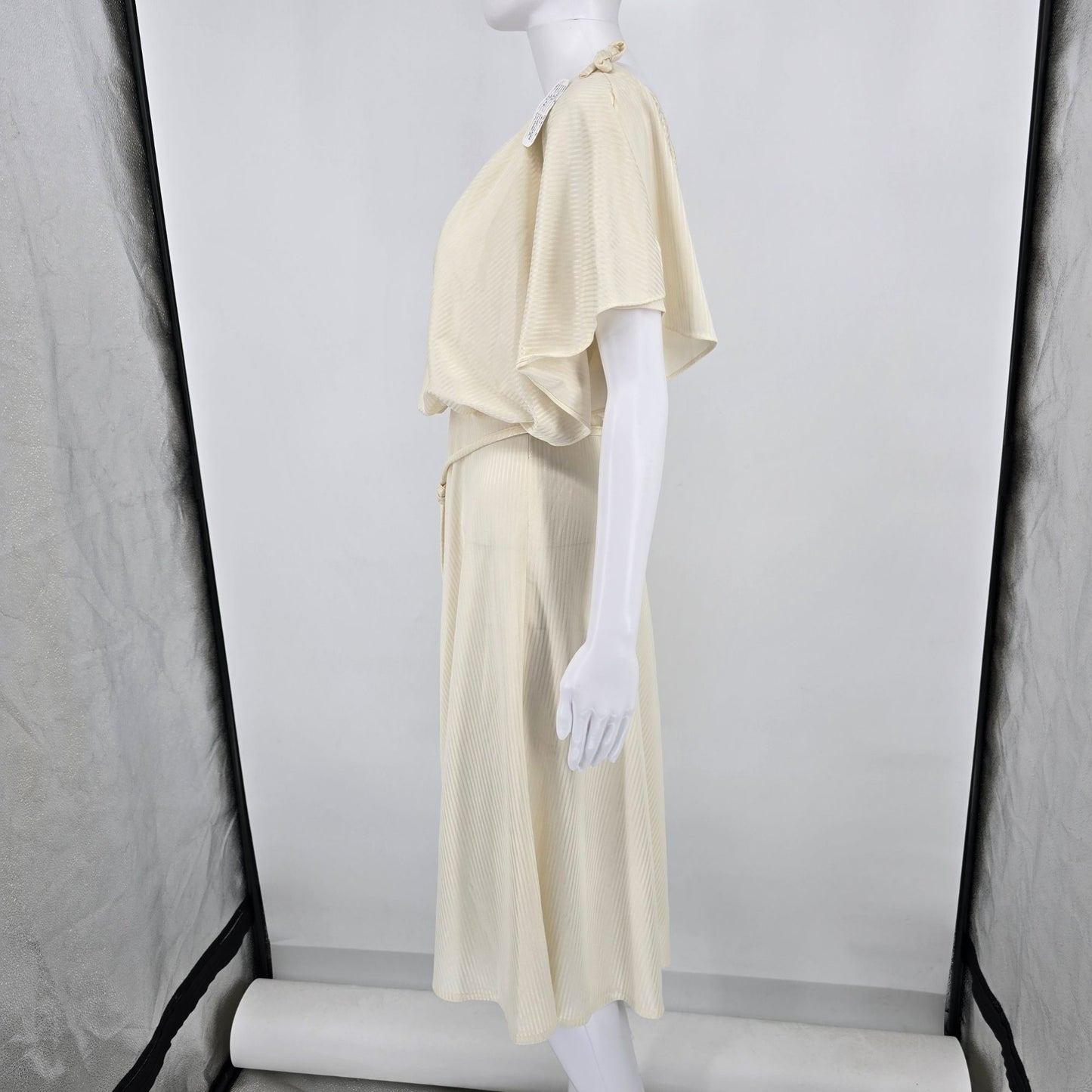 Vintage 1970s Cream Tonal Satin Stripe Flutter Cape Sleeve Grecian Dress (S)