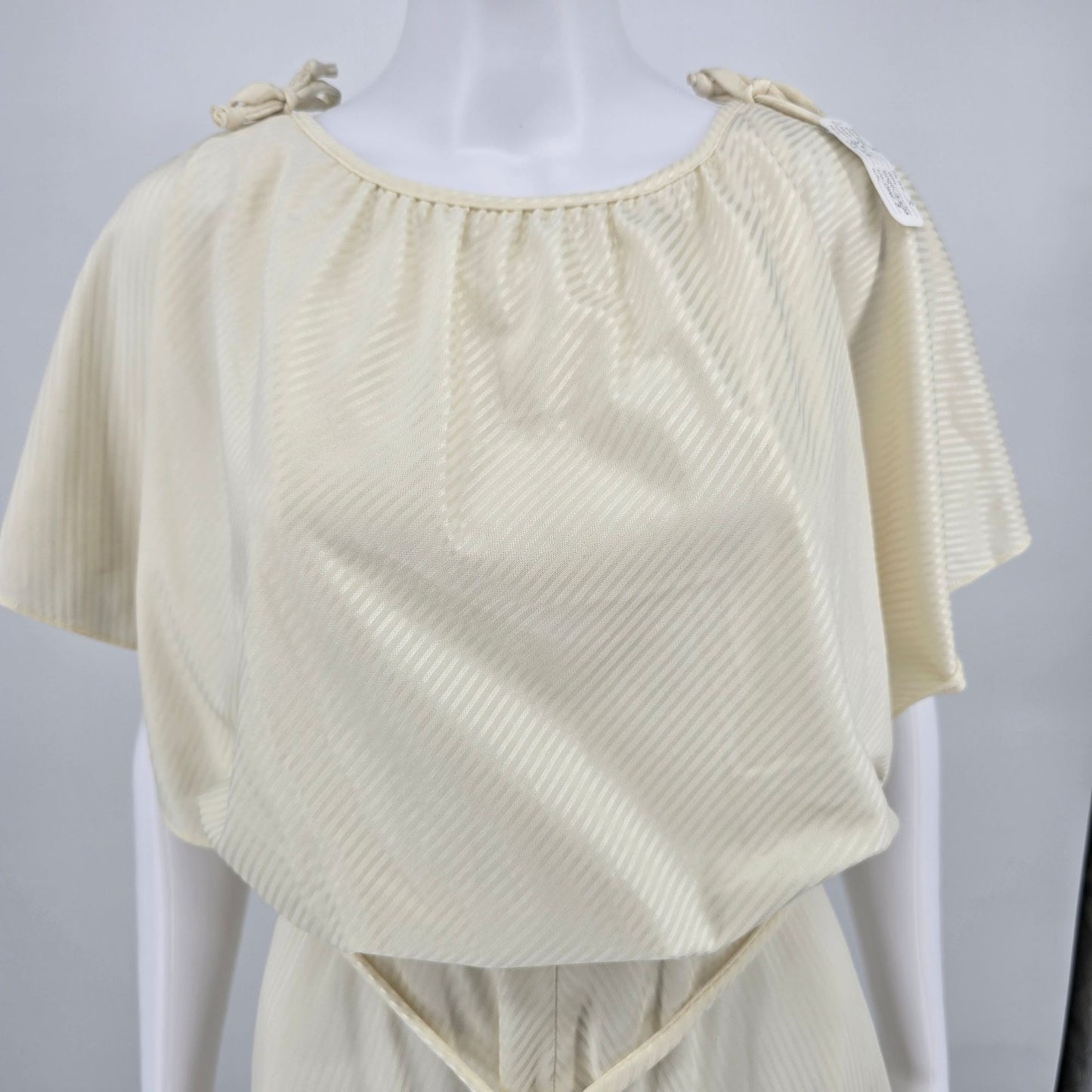 Vintage 1970s Cream Tonal Satin Stripe Flutter Cape Sleeve Grecian Dress (S)