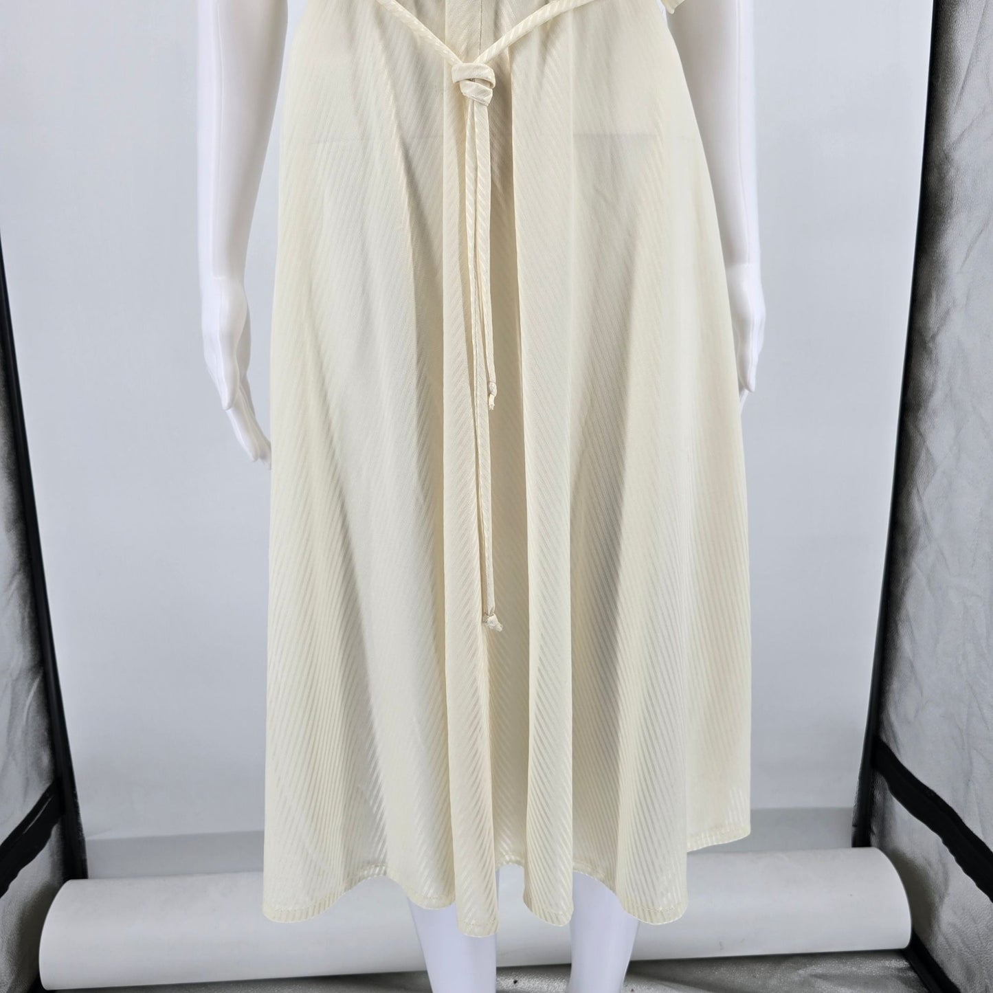 Vintage 1970s Cream Tonal Satin Stripe Flutter Cape Sleeve Grecian Dress (S)