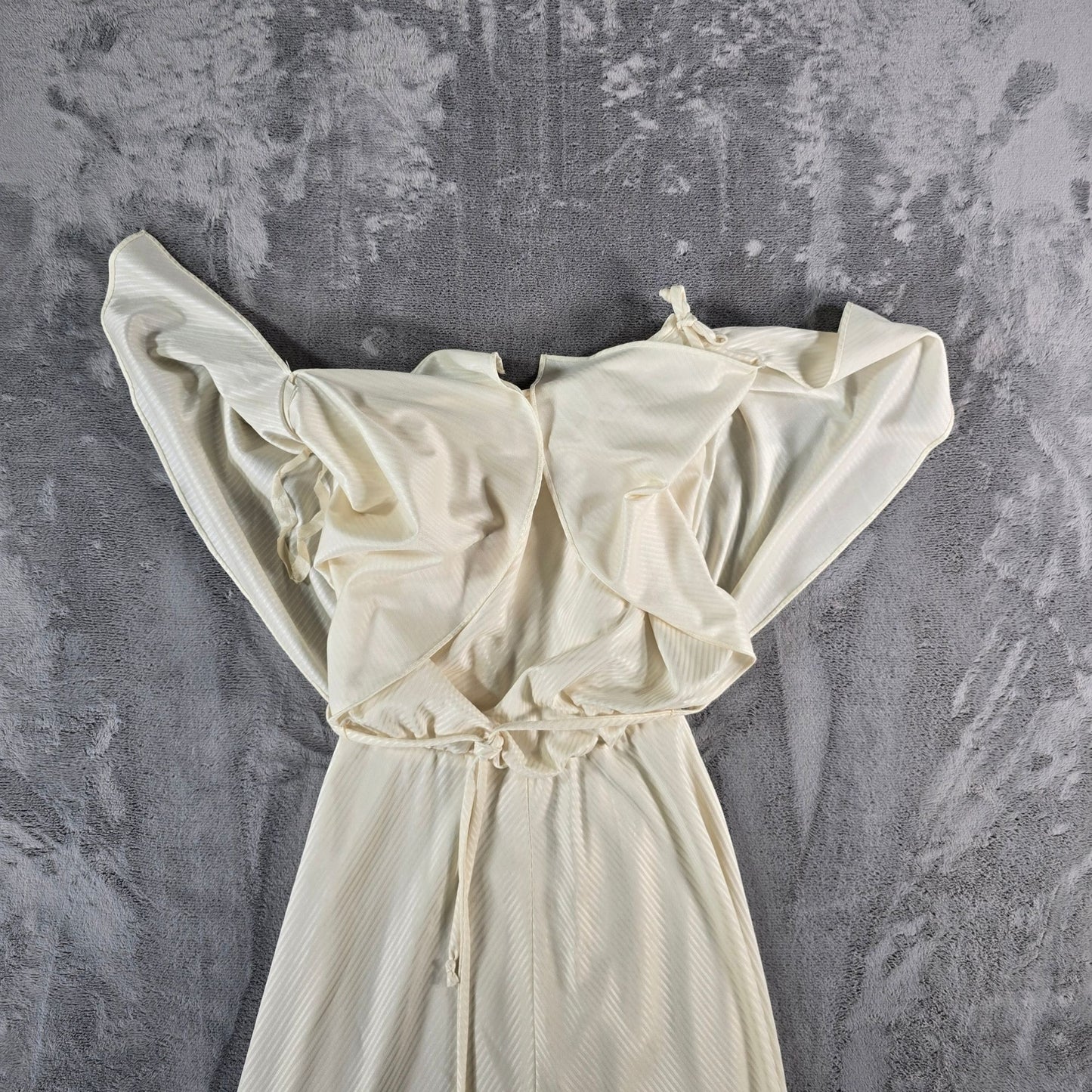Vintage 1970s Cream Tonal Satin Stripe Flutter Cape Sleeve Grecian Dress (S)