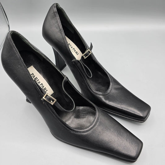 Vintage Late 1990s Deadstock Pari & Pari Black Nappa Leather Mary-Jane Pumps -7B