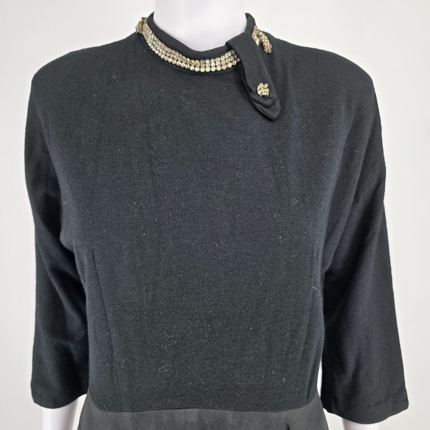 Vintage 1960s Black Rhinestone Collar Knit Bodice Full Skirt Midi Dress (M)