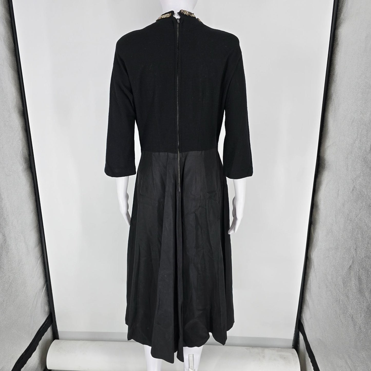 Vintage 1960s Black Rhinestone Collar Knit Bodice Full Skirt Midi Dress (M)