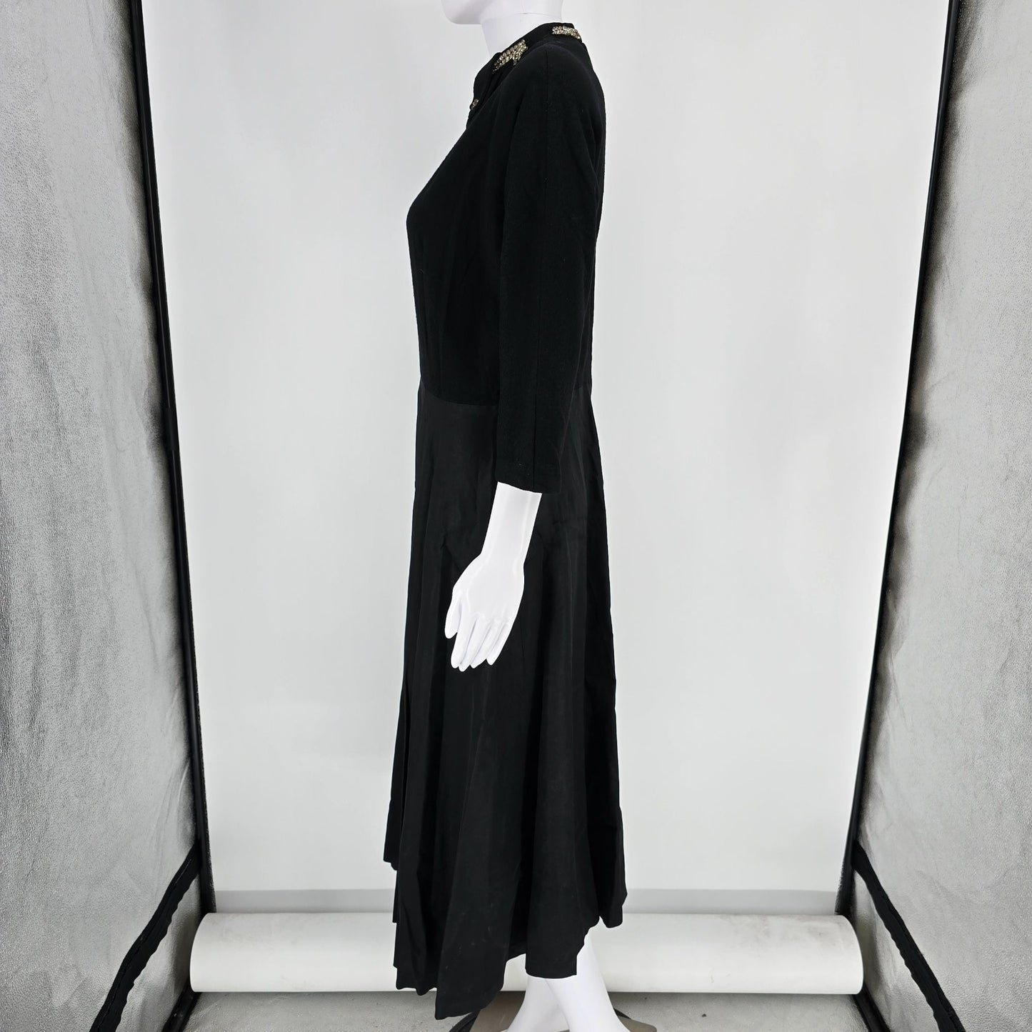 Vintage 1960s Black Rhinestone Collar Knit Bodice Full Skirt Midi Dress (M)