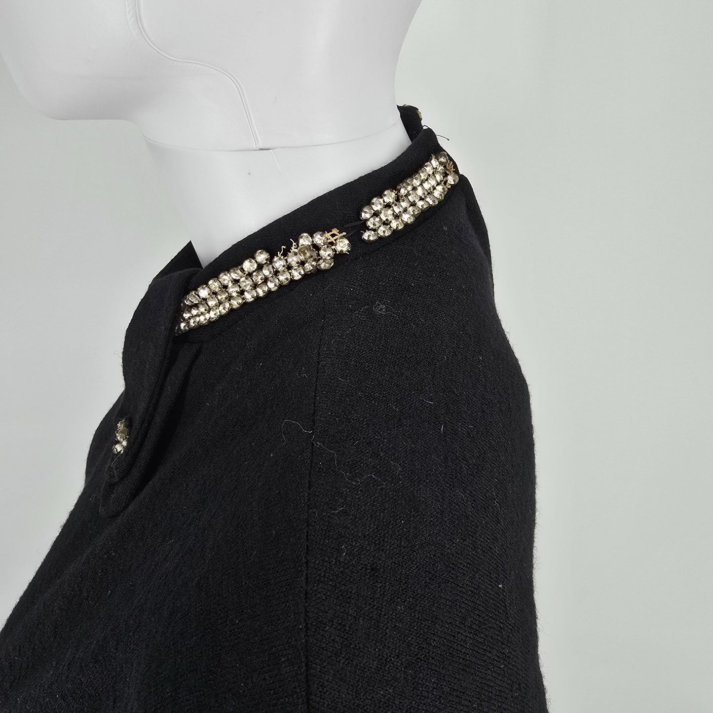 Vintage 1960s Black Rhinestone Collar Knit Bodice Full Skirt Midi Dress (M)