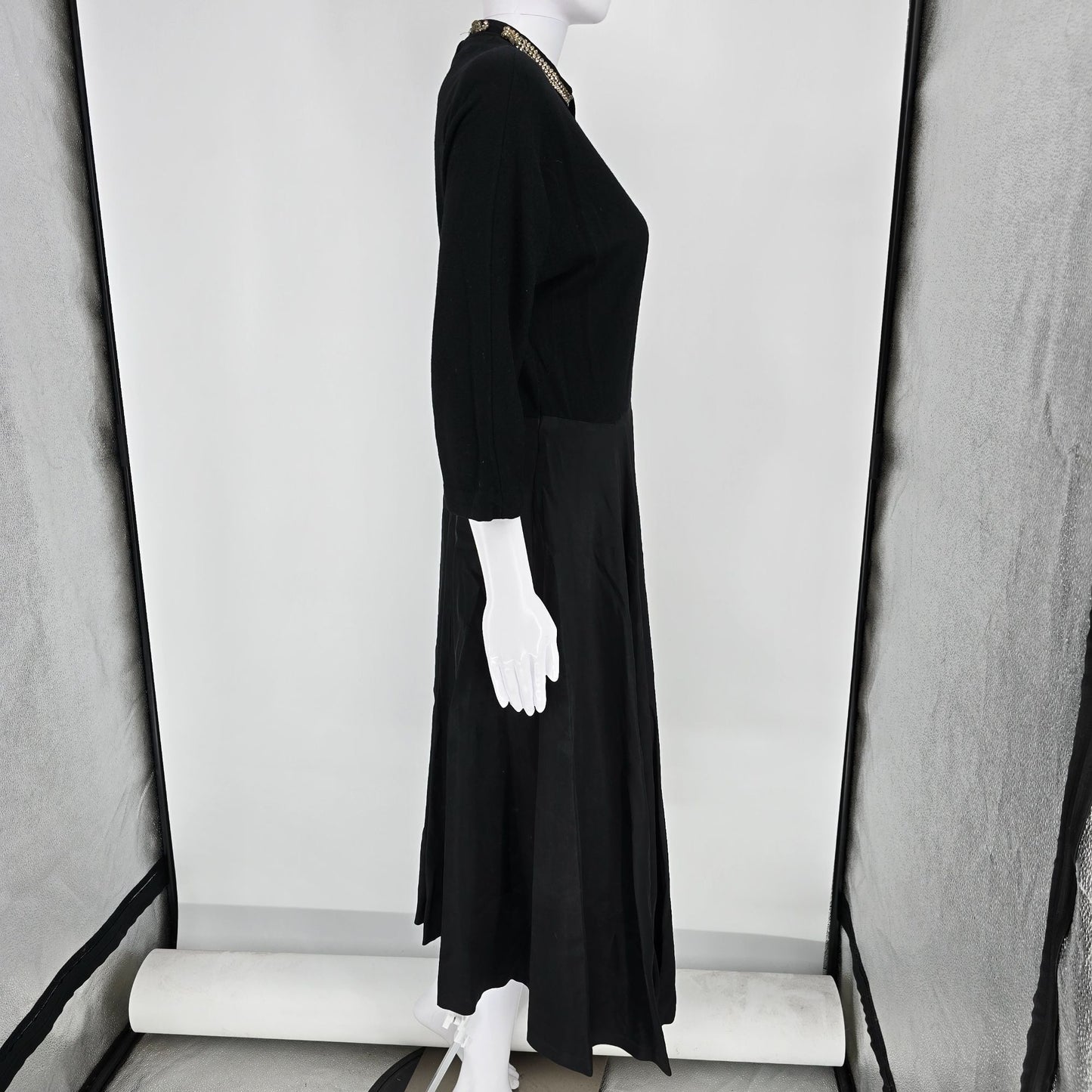 Vintage 1960s Black Rhinestone Collar Knit Bodice Full Skirt Midi Dress (M)