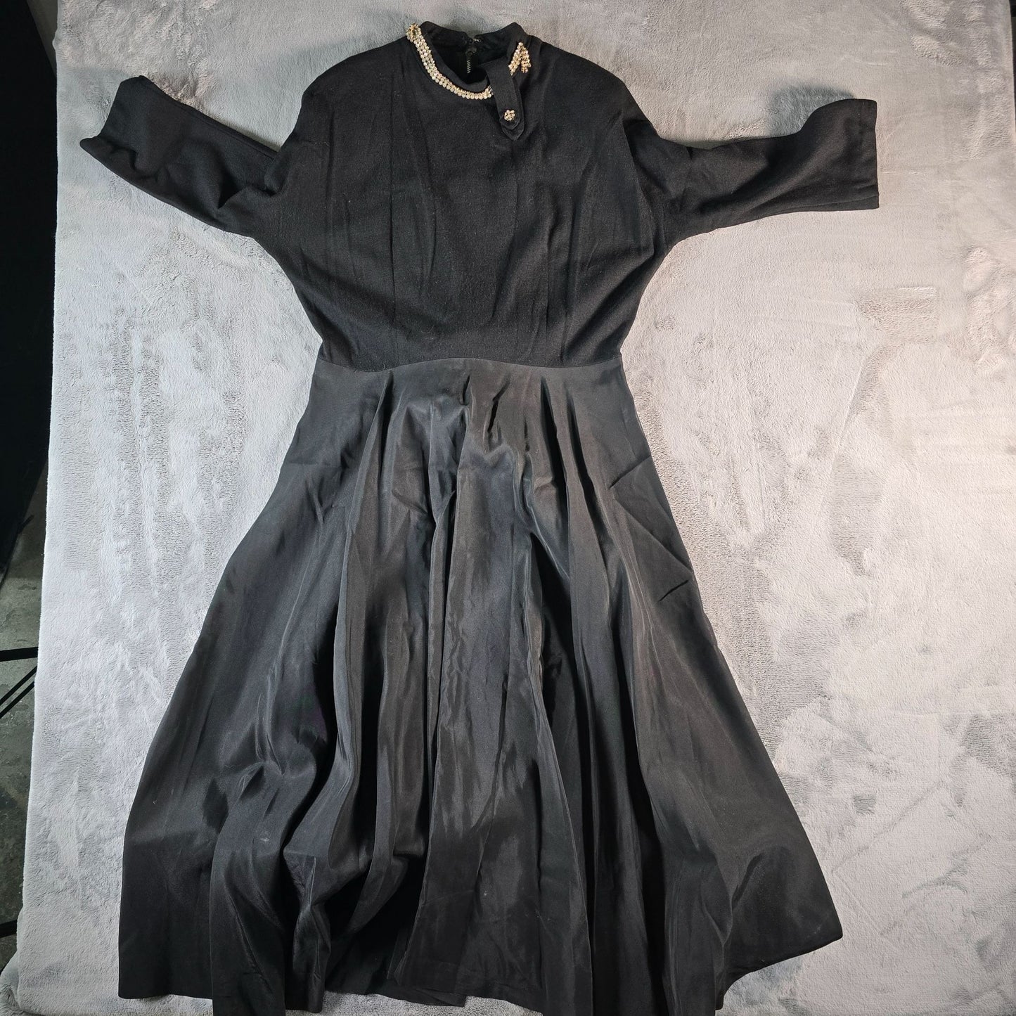 Vintage 1960s Black Rhinestone Collar Knit Bodice Full Skirt Midi Dress (M)