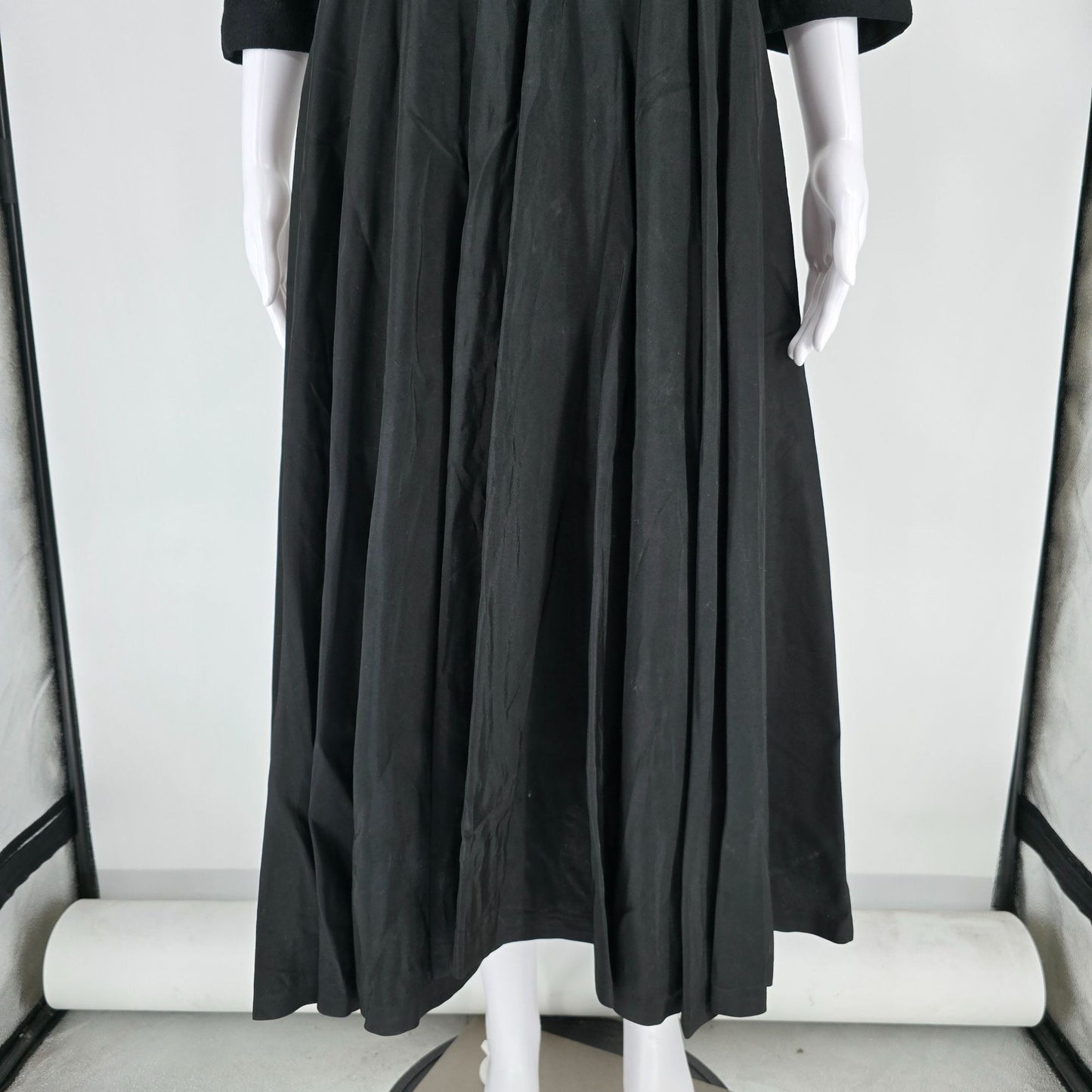 Vintage 1960s Black Rhinestone Collar Knit Bodice Full Skirt Midi Dress (M)
