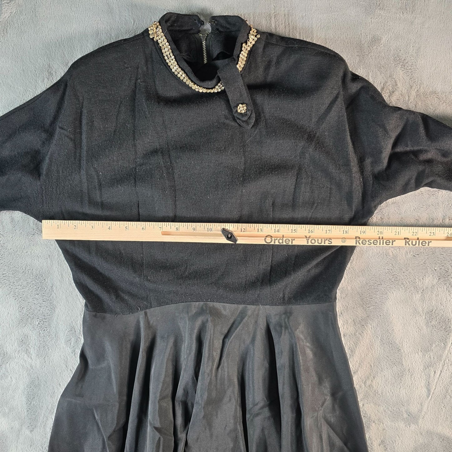 Vintage 1960s Black Rhinestone Collar Knit Bodice Full Skirt Midi Dress (M)