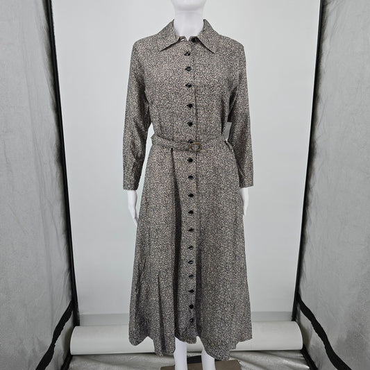 Vintage 1950s Black/White Mottled Faux-Tweed Print Belted Shirtwaist Dress (L)