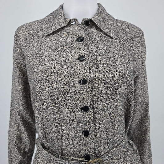 Vintage 1950s Black/White Mottled Faux-Tweed Print Belted Shirtwaist Dress (L)