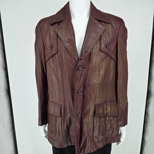 Vintage 1970s Monsieur Lauro Oxblood Leather Safari Blazer Jacket (41 M/L)