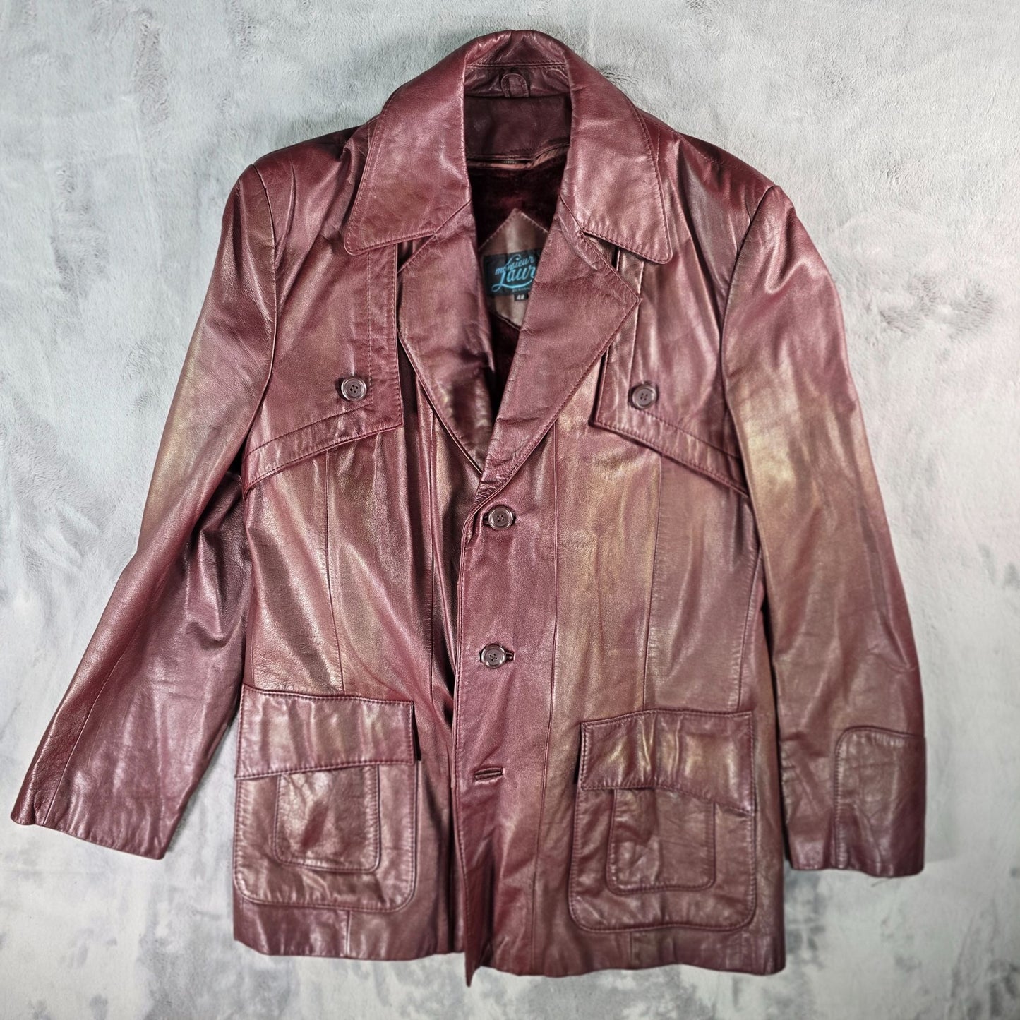 Vintage 1970s Monsieur Lauro Oxblood Leather Safari Blazer Jacket (41 M/L)