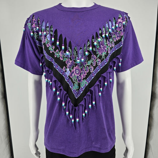 Vintage 1990s Fashion Gear Floral Purple Beaded Fringe Made in USA T-Shirt (XL)