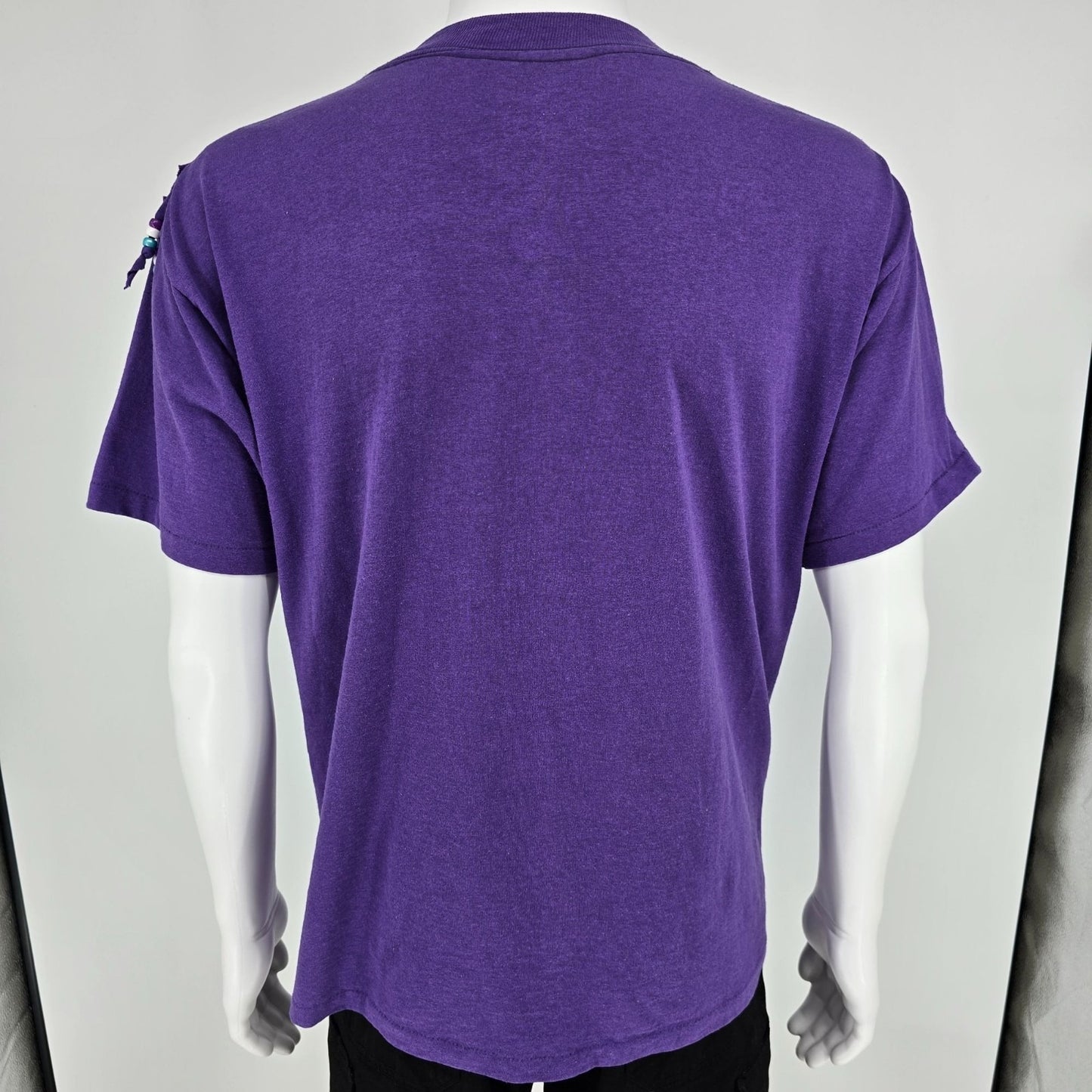 Vintage 1990s Fashion Gear Floral Purple Beaded Fringe Made in USA T-Shirt (XL)