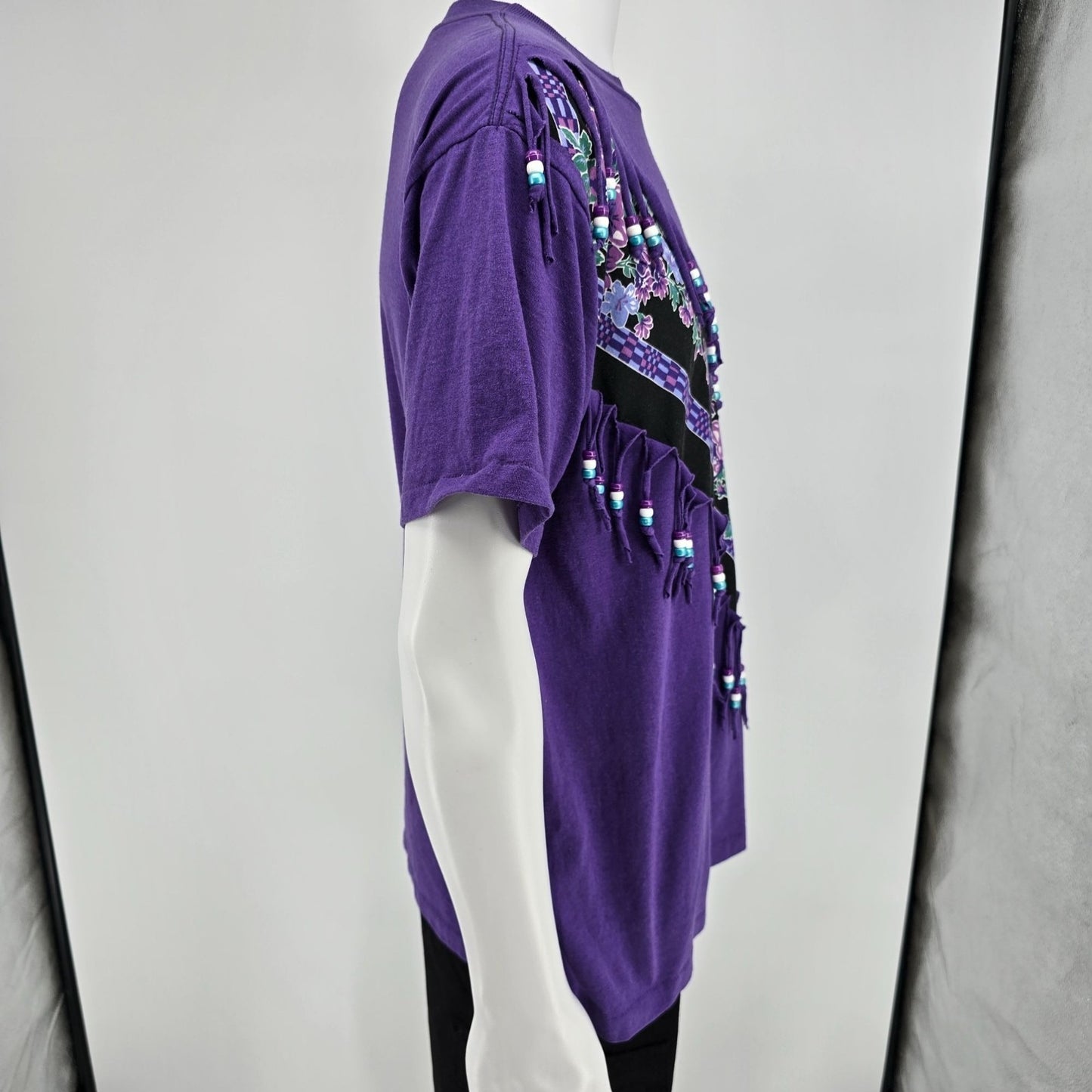 Vintage 1990s Fashion Gear Floral Purple Beaded Fringe Made in USA T-Shirt (XL)