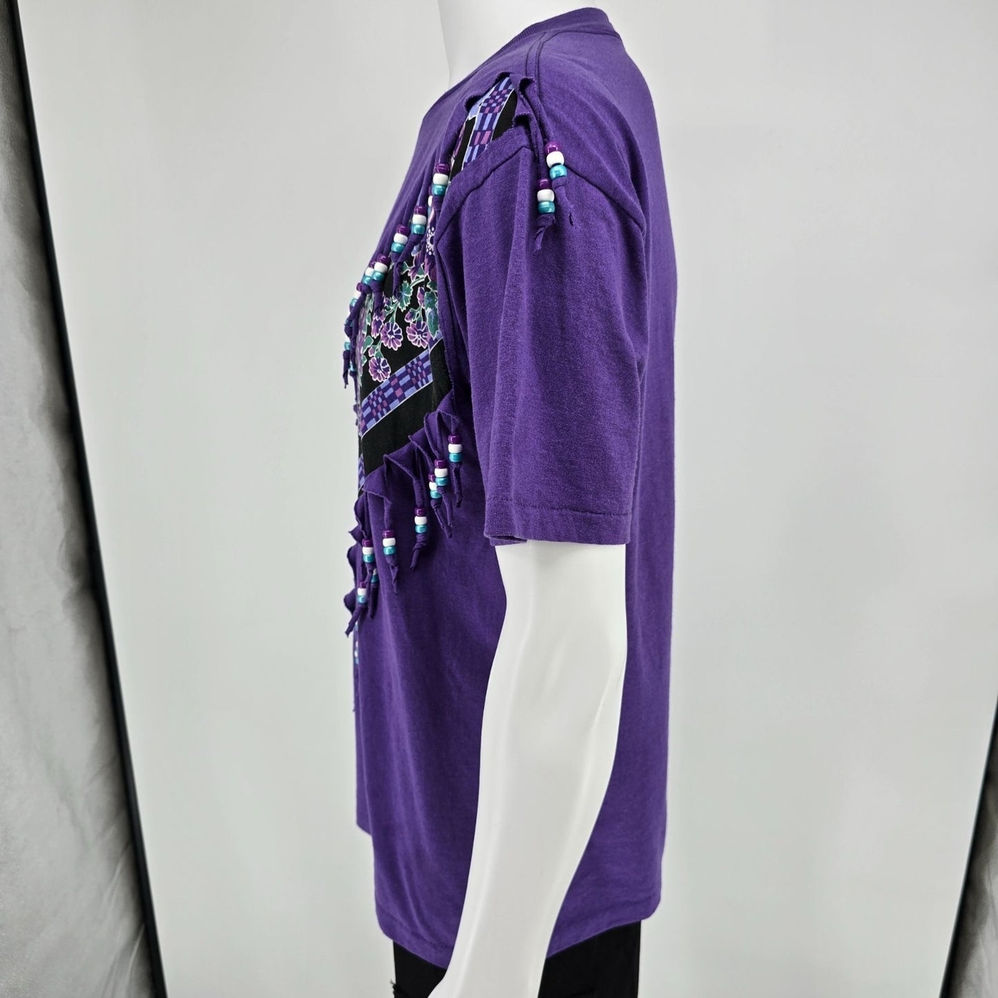 Vintage 1990s Fashion Gear Floral Purple Beaded Fringe Made in USA T-Shirt (XL)