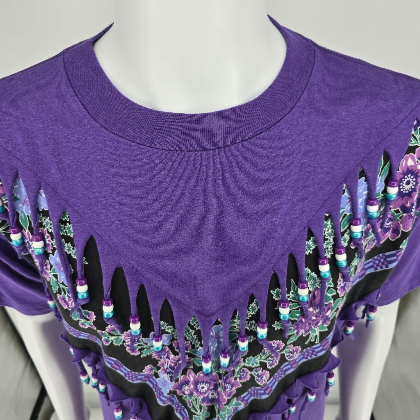 Vintage 1990s Fashion Gear Floral Purple Beaded Fringe Made in USA T-Shirt (XL)