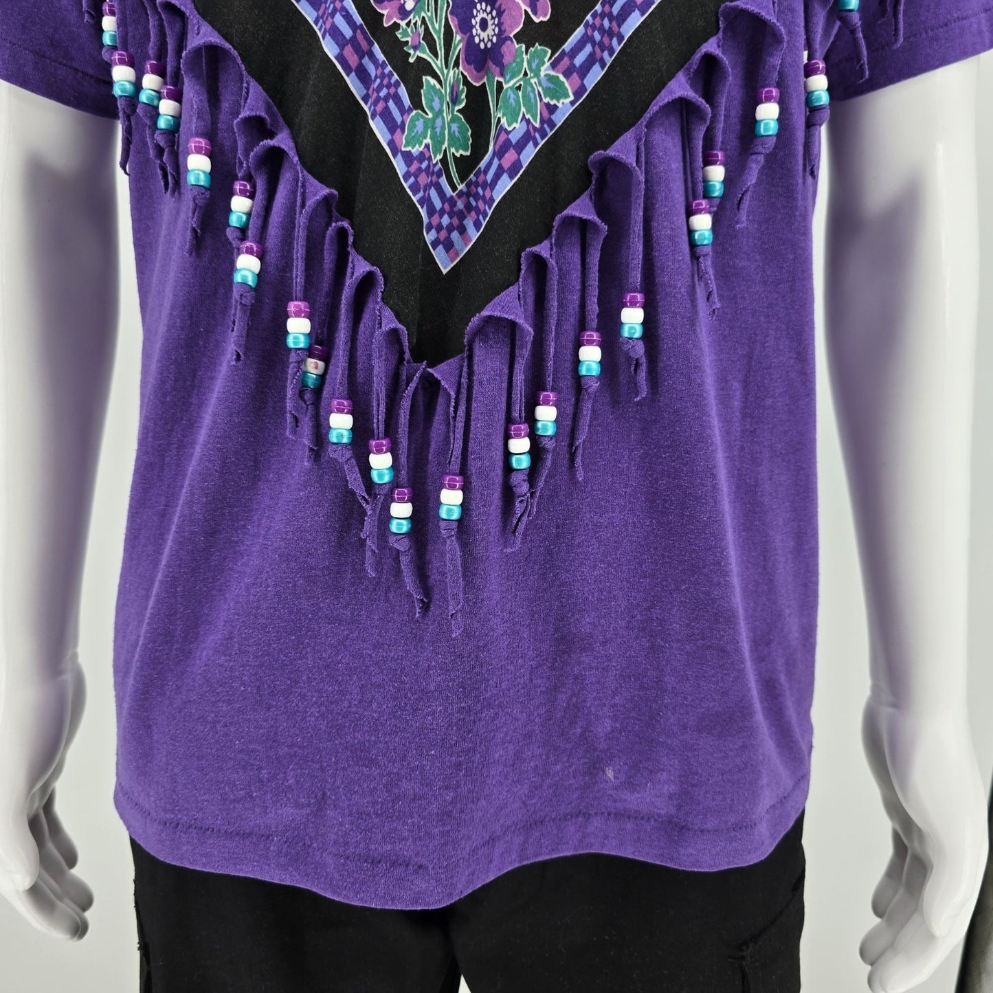 Vintage 1990s Fashion Gear Floral Purple Beaded Fringe Made in USA T-Shirt (XL)
