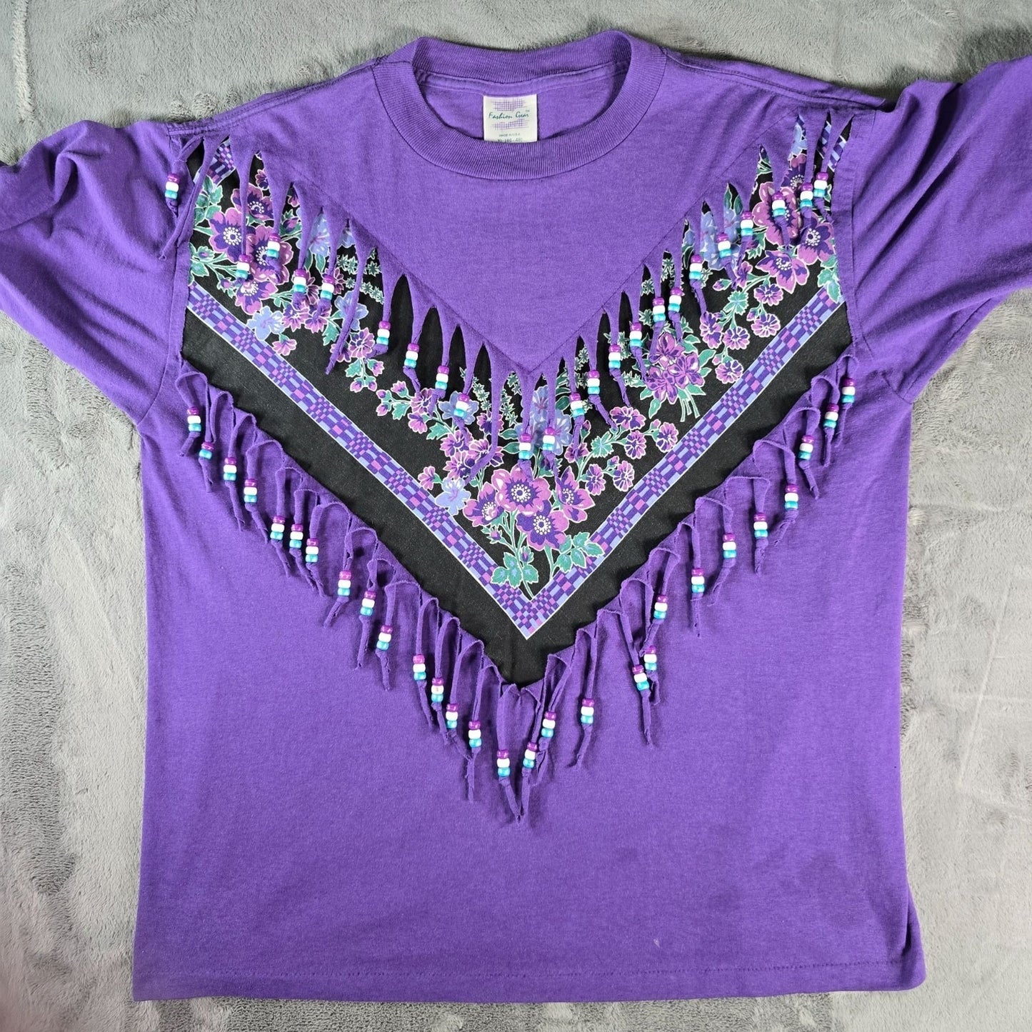 Vintage 1990s Fashion Gear Floral Purple Beaded Fringe Made in USA T-Shirt (XL)