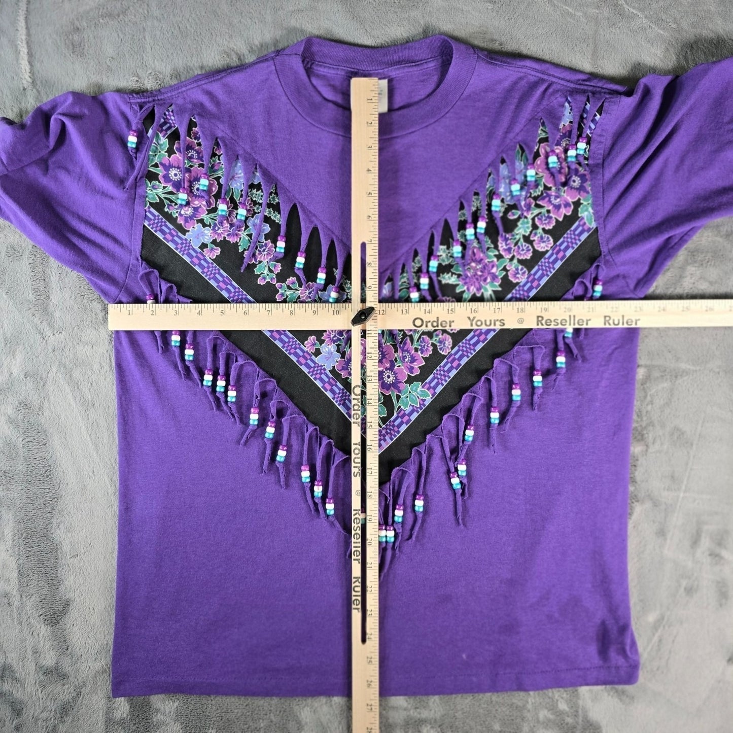 Vintage 1990s Fashion Gear Floral Purple Beaded Fringe Made in USA T-Shirt (XL)