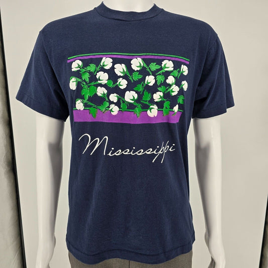 Vintage Late 1980s Screen Stars Mississippi Cotton Field Puff Print T-Shirt (L)