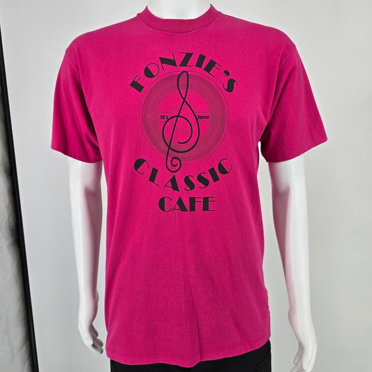 Vintage 1980s Hanes Fifty-Fifty Pink Fonzie's Classic Cafe T-Shirt (M/L)