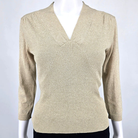 2000s George Women's Gold Metallic Silk Blend V-Neck Sweater (Extra Small 0/2)