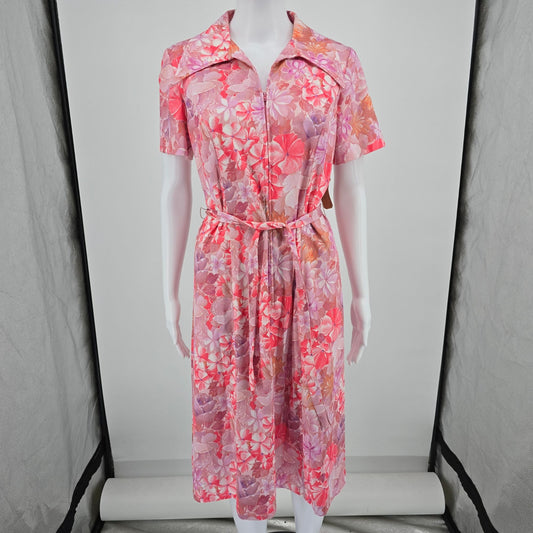 Vintage 1970s Pink Watercolor Floral Collared Zip Front Day Dress (M/L)