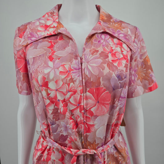 Vintage 1970s Pink Watercolor Floral Collared Zip Front Day Dress (M/L)