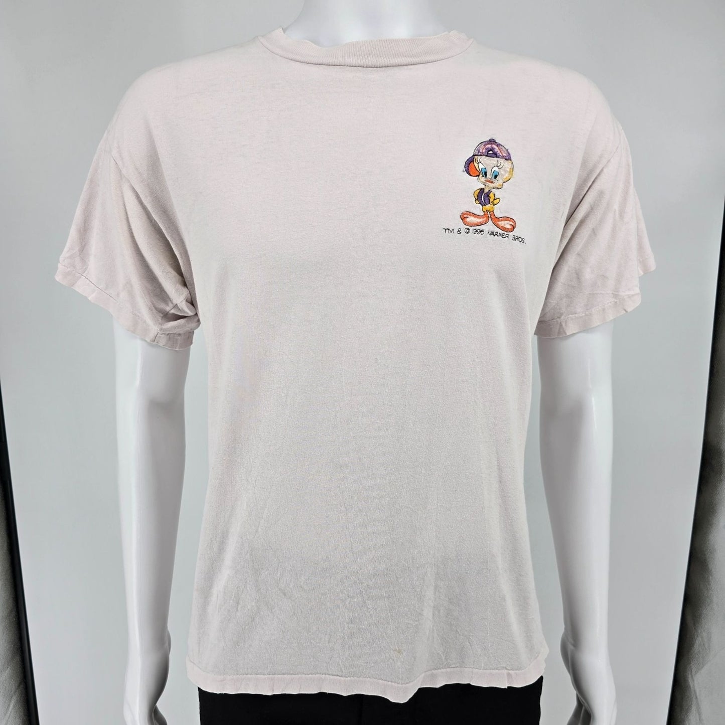 Distressed Vintage 1990s Anvil Embroidered Looney Tunes Tweety Bird T-Shirt (L)