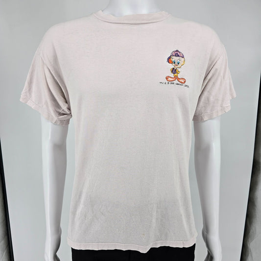 Distressed Vintage 1990s Anvil Embroidered Looney Tunes Tweety Bird T-Shirt (L)