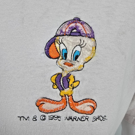 Distressed Vintage 1990s Anvil Embroidered Looney Tunes Tweety Bird T-Shirt (L)