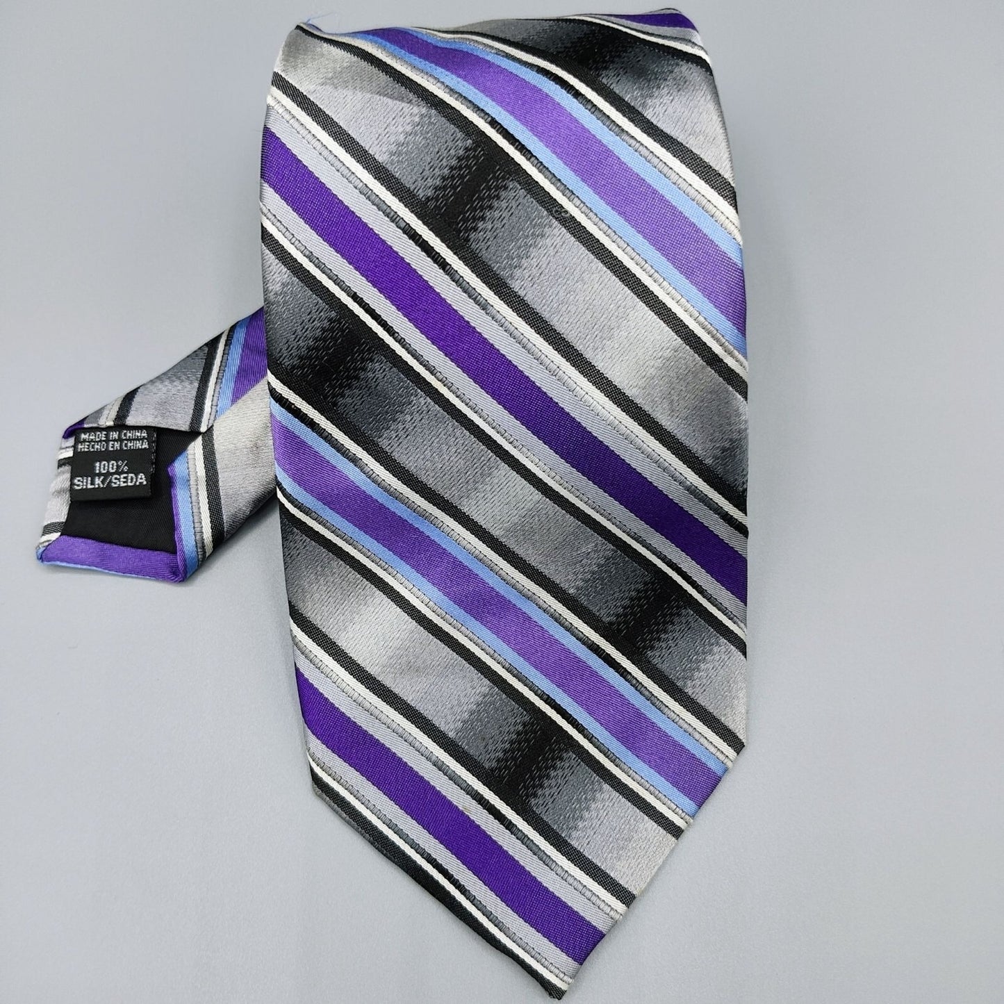 George 100% Silk Purple, Black, and Gray Striped Necktie *Stain*