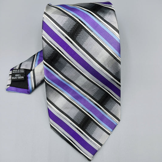 George 100% Silk Purple, Black, and Gray Striped Necktie *Stain*