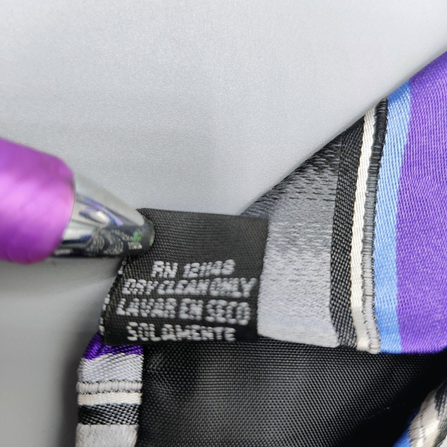 George 100% Silk Purple, Black, and Gray Striped Necktie *Stain*