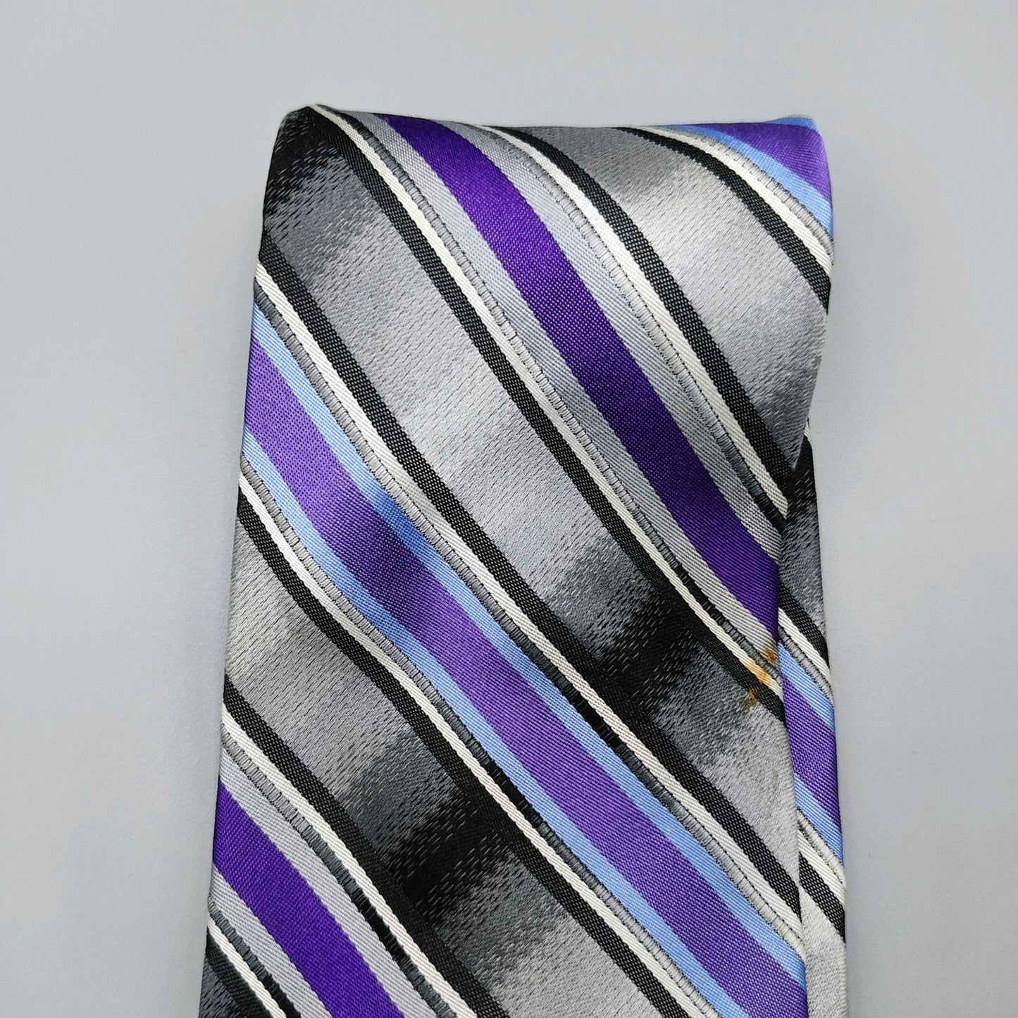 George 100% Silk Purple, Black, and Gray Striped Necktie *Stain*