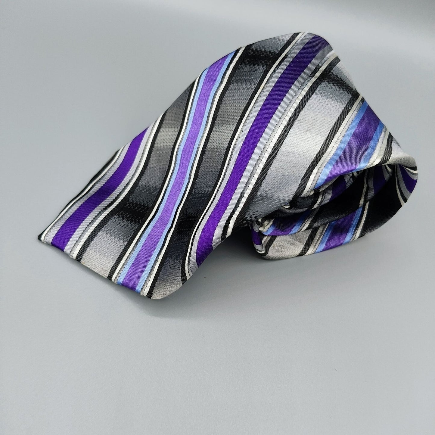 George 100% Silk Purple, Black, and Gray Striped Necktie *Stain*