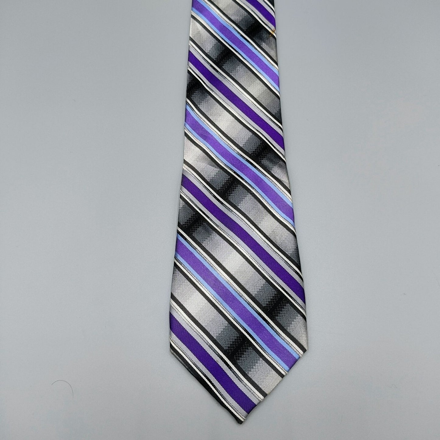 George 100% Silk Purple, Black, and Gray Striped Necktie *Stain*