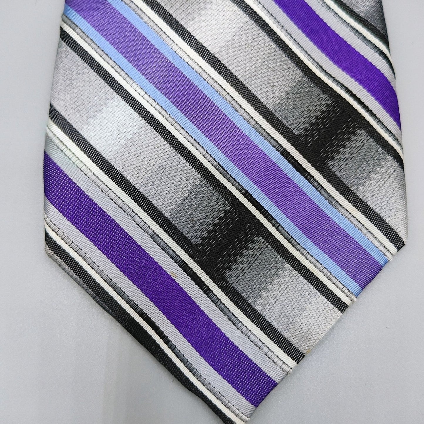 George 100% Silk Purple, Black, and Gray Striped Necktie *Stain*