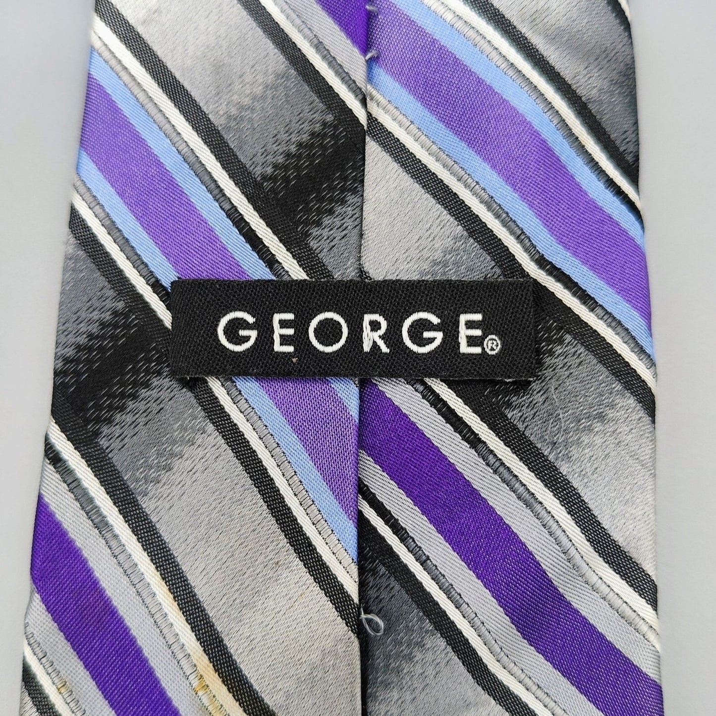 George 100% Silk Purple, Black, and Gray Striped Necktie *Stain*