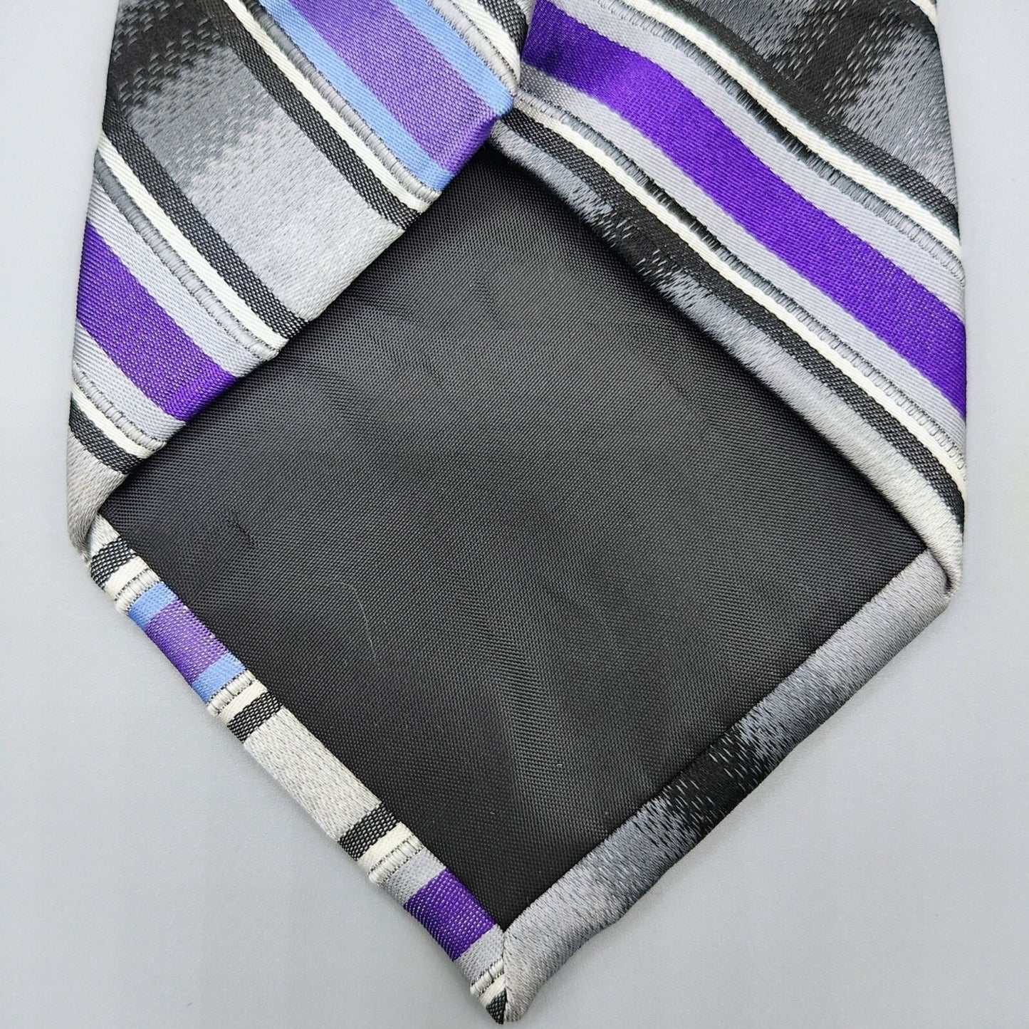 George 100% Silk Purple, Black, and Gray Striped Necktie *Stain*