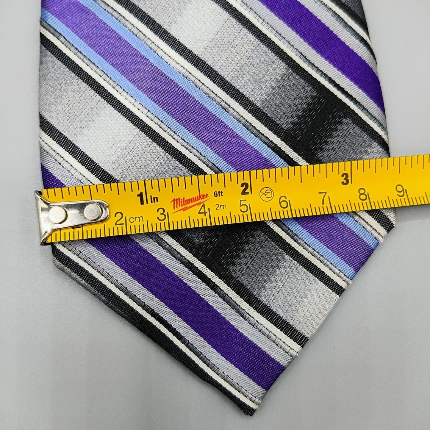 George 100% Silk Purple, Black, and Gray Striped Necktie *Stain*