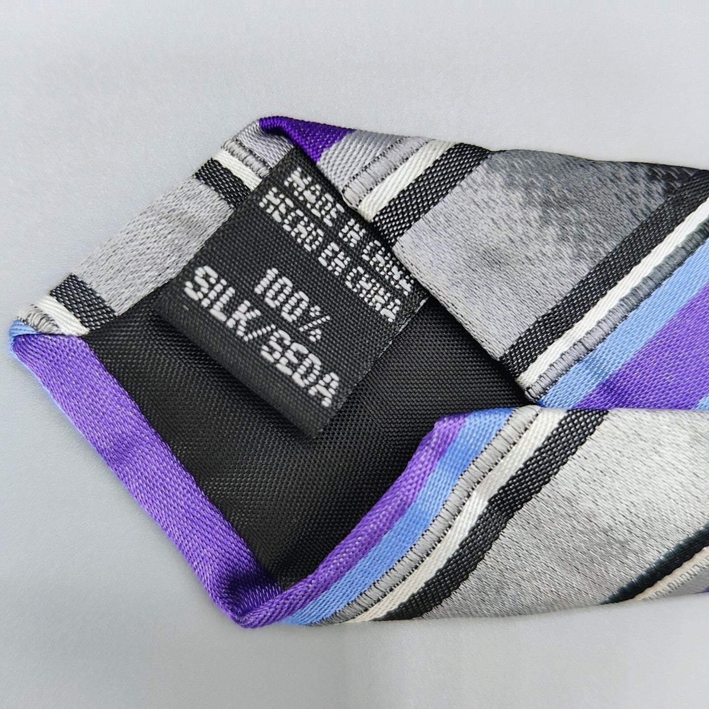 George 100% Silk Purple, Black, and Gray Striped Necktie *Stain*