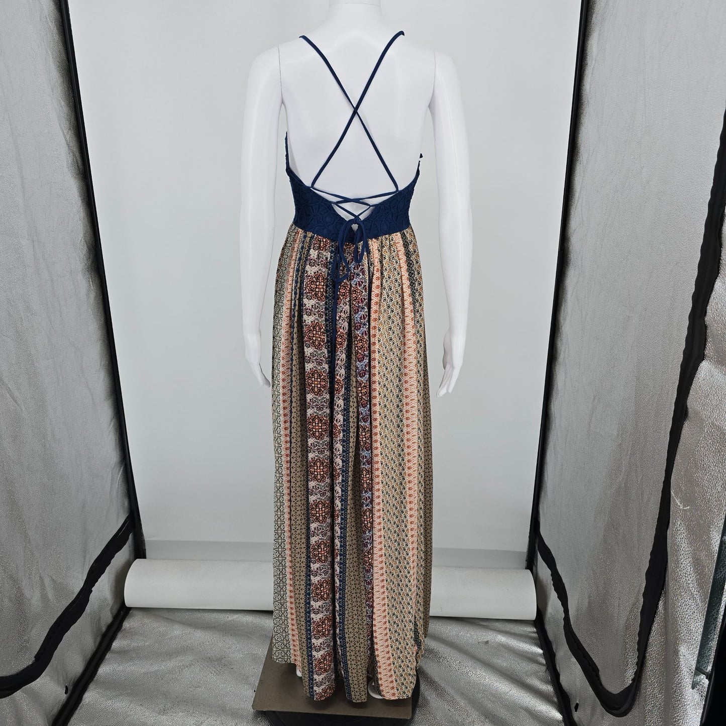 2010s She + Sky Corset-Inspired Lace-Up Sleeveless Maxi Boho/Festival Dress (M)