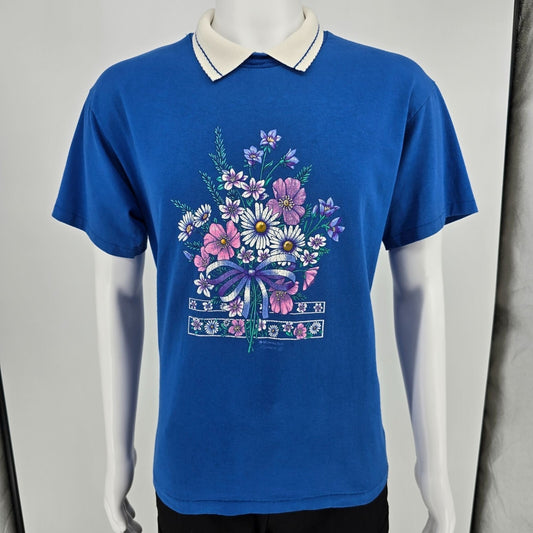 Vintage 1990s Morning Sun Forrer Floral Bouquet Graphic Blue Polo T-Shirt (L)