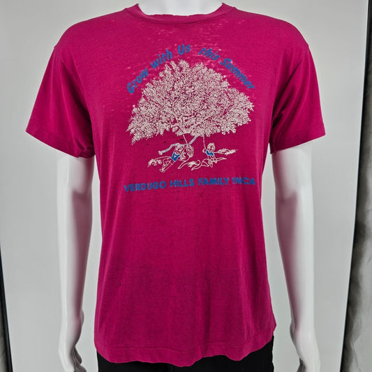 Thrashed Vintage 1980s Verdugo Hills Family YMCA Soft & Thin Magenta T-Shirt (L)